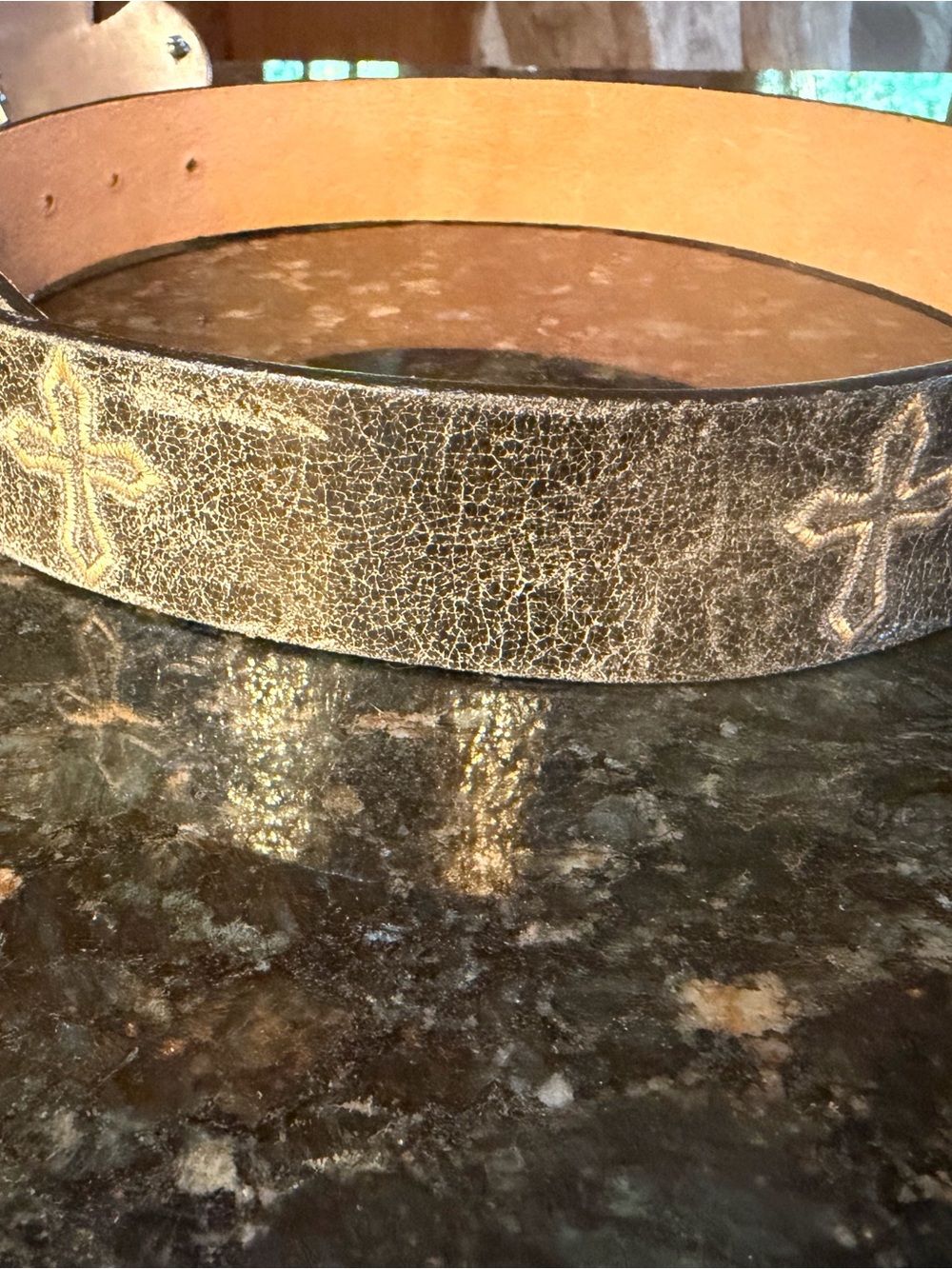 Justin Boots Distressed Brown Belt with Ornate Rhinestone Cross Buckle - Picture 2 of 5